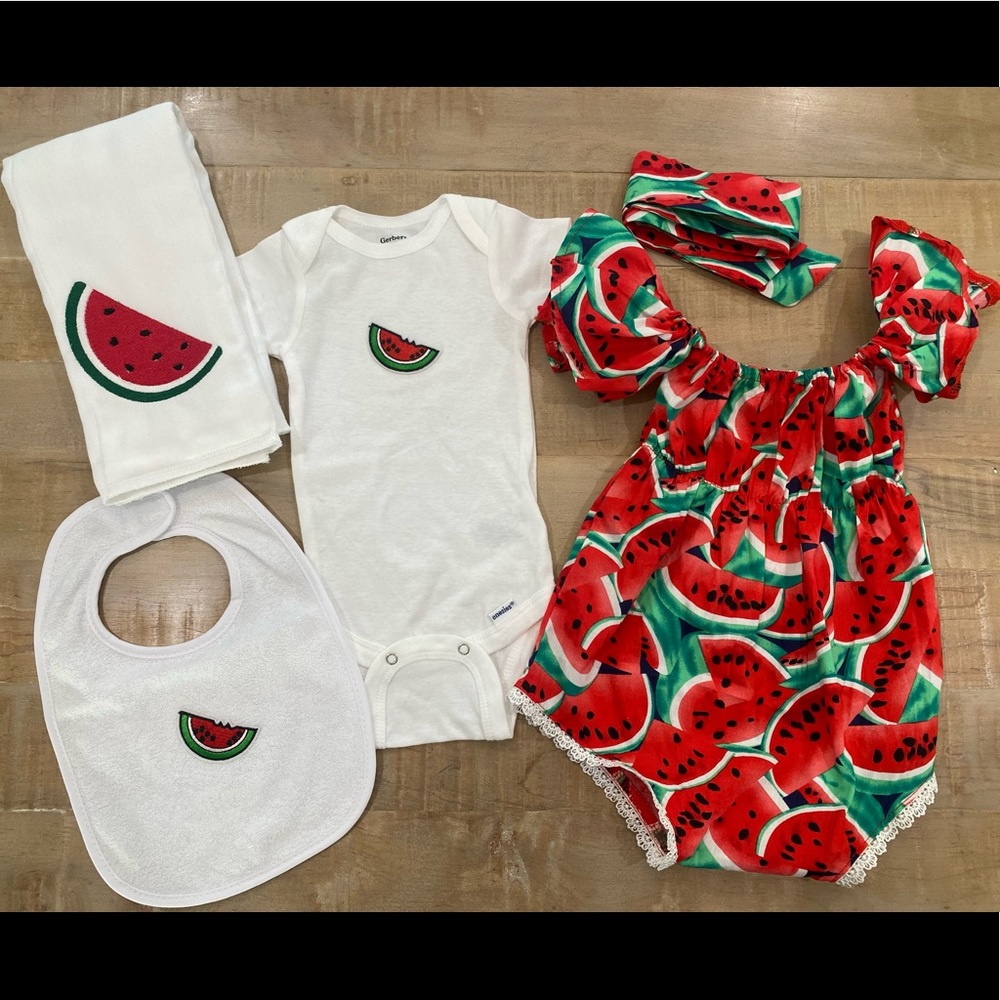 5 piece baby girl newborn baby watermelon outfit towel onesie bib headband